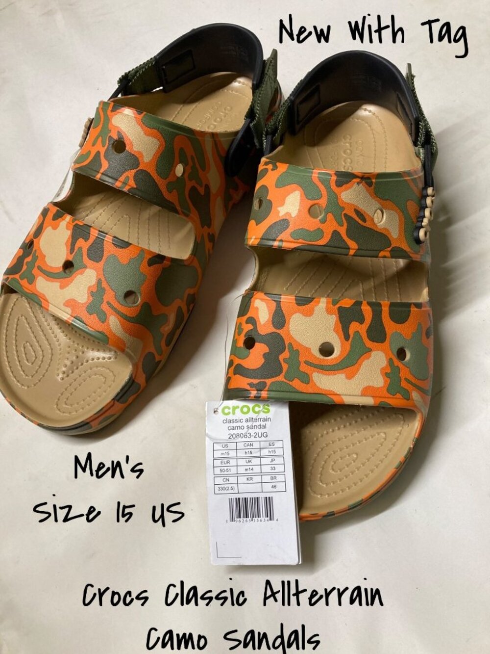 Crocs Classic Allterrain Camo Sandals Orange/Green Men Size 15 New With Tag